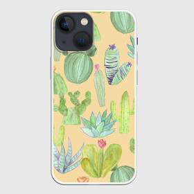 Чехол для iPhone 13 mini с принтом Кактусы в пустыне в Кировске,  |  | жара | желтый | засуха | зеленый | кактус | колючки | песок | пустыня | солнечный | цветок