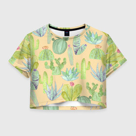 Женская футболка Crop-top 3D с принтом Кактусы в пустыне в Кировске, 100% полиэстер | круглая горловина, длина футболки до линии талии, рукава с отворотами | Тематика изображения на принте: жара | желтый | засуха | зеленый | кактус | колючки | песок | пустыня | солнечный | цветок