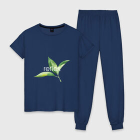 Женская пижама хлопок с принтом reflex листья в Кировске, 100% хлопок | брюки и футболка прямого кроя, без карманов, на брюках мягкая резинка на поясе и по низу штанин | relax | зелень | листья
