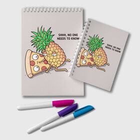 Блокнот с принтом No one needs to know в Кировске, 100% бумага | 48 листов, плотность листов — 60 г/м2, плотность картонной обложки — 250 г/м2. Листы скреплены удобной пружинной спиралью. Цвет линий — светло-серый
 | hawaiian | hawaiian pizza | pineapple | pizza | pizza with pineapple | ананас и пицца | ананса | гавайская | гавайская пицца | пицца | пицца с ананасом