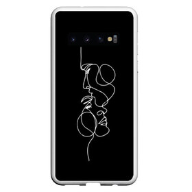 Чехол для Samsung Galaxy S10 с принтом минимализм лица в Кировске, Силикон | Область печати: задняя сторона чехла, без боковых панелей | Тематика изображения на принте: белая линия | лица | минимализм | минимализм чб | мужское и женское лицо | одним касанием | одной линией | рисунок белой линией | целует в лоб