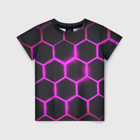 Детская футболка 3D с принтом соты в Кировске, 100% гипоаллергенный полиэфир | прямой крой, круглый вырез горловины, длина до линии бедер, чуть спущенное плечо, ткань немного тянется | абстракция | геометрия | неоновые соты | соты | шестиугольник