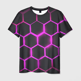 Мужская футболка 3D с принтом соты в Кировске, 100% полиэфир | прямой крой, круглый вырез горловины, длина до линии бедер | абстракция | геометрия | неоновые соты | соты | шестиугольник