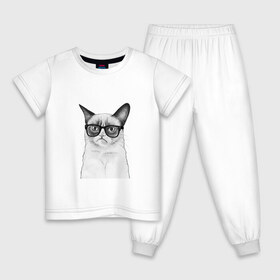 Детская пижама хлопок с принтом Кот хипстер в Кировске, 100% хлопок |  брюки и футболка прямого кроя, без карманов, на брюках мягкая резинка на поясе и по низу штанин
 | grumpy cat | арт | кот | кошка | очки | рисунок | хипстер | черный | чёрный белый