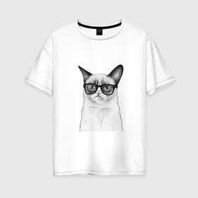 Женская футболка хлопок Oversize с принтом Кот хипстер в Кировске, 100% хлопок | свободный крой, круглый ворот, спущенный рукав, длина до линии бедер
 | grumpy cat | арт | кот | кошка | очки | рисунок | хипстер | черный | чёрный белый