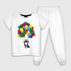 Детская пижама хлопок с принтом Енот с шариками в Кировске, 100% хлопок |  брюки и футболка прямого кроя, без карманов, на брюках мягкая резинка на поясе и по низу штанин
 | воздушные шарики | енот | мультяшный | разноцветный