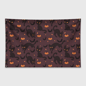 Флаг-баннер с принтом Хэллоуиновский кот в Кировске, 100% полиэстер | размер 67 х 109 см, плотность ткани — 95 г/м2; по краям флага есть четыре люверса для крепления | арт | конфеты | кот | котёнок | кошка | оранжевый | рисунок | тёмный | тыква | тыквы | фиолетовый | хеллоуин | хэллоуин | чёрный