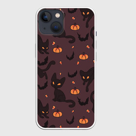 Чехол для iPhone 13 с принтом Хэллоуиновский кот в Кировске,  |  | арт | конфеты | кот | котёнок | кошка | оранжевый | рисунок | тёмный | тыква | тыквы | фиолетовый | хеллоуин | хэллоуин | чёрный
