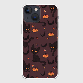 Чехол для iPhone 13 mini с принтом Хэллоуиновский кот в Кировске,  |  | арт | конфеты | кот | котёнок | кошка | оранжевый | рисунок | тёмный | тыква | тыквы | фиолетовый | хеллоуин | хэллоуин | чёрный