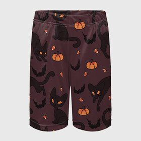 Детские спортивные шорты 3D с принтом Хэллоуиновский кот в Кировске,  100% полиэстер
 | пояс оформлен широкой мягкой резинкой, ткань тянется
 | арт | конфеты | кот | котёнок | кошка | оранжевый | рисунок | тёмный | тыква | тыквы | фиолетовый | хеллоуин | хэллоуин | чёрный