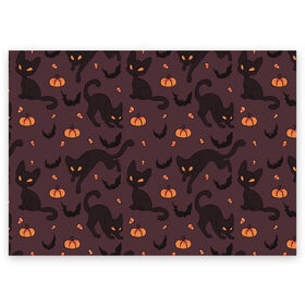 Поздравительная открытка с принтом Хэллоуиновский кот в Кировске, 100% бумага | плотность бумаги 280 г/м2, матовая, на обратной стороне линовка и место для марки
 | арт | конфеты | кот | котёнок | кошка | оранжевый | рисунок | тёмный | тыква | тыквы | фиолетовый | хеллоуин | хэллоуин | чёрный