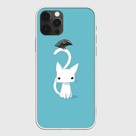 Чехол для iPhone 12 Pro с принтом Белый котик и воробушек в Кировске, силикон | область печати: задняя сторона чехла, без боковых панелей | арт | белая кошка | белый кот | белый котёнок | воробей | воробушек | воронёнок | кот | котёнок | кошка | рисунок | чёрный птенец