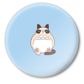 Значок с принтом Тоторный кот в Кировске,  металл | круглая форма, металлическая застежка в виде булавки | grumpy cat | белый | кот тоторо | кот. недовольный кот | крем | мило | милота | мимишка | тоторо