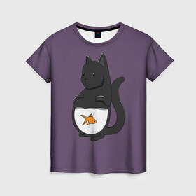 Женская футболка 3D с принтом Довольный кот в Кировске, 100% полиэфир ( синтетическое хлопкоподобное полотно) | прямой крой, круглый вырез горловины, длина до линии бедер | аквариум | арт | вода | золотая рыбка | кот | котёнок | кошка | рисунок | рыба | рыбка | фиолетовый | чёрная кошка | черный кот | чёрный котёнок
