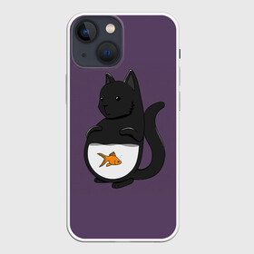 Чехол для iPhone 13 mini с принтом Довольный кот в Кировске,  |  | аквариум | арт | вода | золотая рыбка | кот | котёнок | кошка | рисунок | рыба | рыбка | фиолетовый | чёрная кошка | черный кот | чёрный котёнок