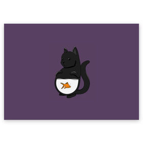 Поздравительная открытка с принтом Довольный кот в Кировске, 100% бумага | плотность бумаги 280 г/м2, матовая, на обратной стороне линовка и место для марки
 | аквариум | арт | вода | золотая рыбка | кот | котёнок | кошка | рисунок | рыба | рыбка | фиолетовый | чёрная кошка | черный кот | чёрный котёнок