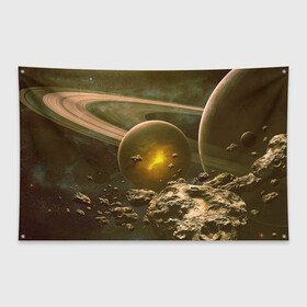 Флаг-баннер с принтом Saturn в Кировске, 100% полиэстер | размер 67 х 109 см, плотность ткани — 95 г/м2; по краям флага есть четыре люверса для крепления | cosmos | meteorite | saturn | space | космос | метеорит | пространство | сатурн