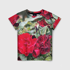 Детская футболка 3D с принтом Red Roses в Кировске, 100% гипоаллергенный полиэфир | прямой крой, круглый вырез горловины, длина до линии бедер, чуть спущенное плечо, ткань немного тянется | bush | floral | flower | garden | green | nature | red roses | бутоны | красная роза | куст | листья | природа | роза | сад | цветение | цветок | цветы