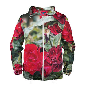 Мужская ветровка 3D с принтом Red Roses в Кировске, 100% полиэстер | подол и капюшон оформлены резинкой с фиксаторами, два кармана без застежек по бокам, один потайной карман на груди | bush | floral | flower | garden | green | nature | red roses | бутоны | красная роза | куст | листья | природа | роза | сад | цветение | цветок | цветы