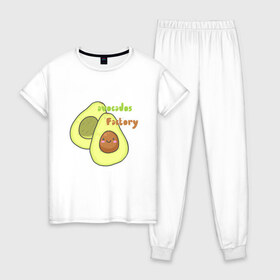 Женская пижама хлопок с принтом avocados factory в Кировске, 100% хлопок | брюки и футболка прямого кроя, без карманов, на брюках мягкая резинка на поясе и по низу штанин | avocados factory | авокадик | авокадо | авокадо с косточкой | авокадчик | милые авокадо