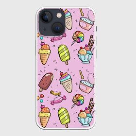 Чехол для iPhone 13 mini с принтом Сладкоежка в Кировске,  |  | вафельный стаканчик | дарже | десерты | закуски | конфеты | леденец | мороженное | пломбир | сладкое | сладкоежка | снеки | шоколадки