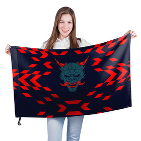 Флаг 3D с принтом демон они в Кировске, 100% полиэстер | плотность ткани — 95 г/м2, размер — 67 х 109 см. Принт наносится с одной стороны | демон | киберпанк | маска | они | самурай | хання | япония