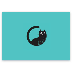 Поздравительная открытка с принтом Чёрный котя в Кировске, 100% бумага | плотность бумаги 280 г/м2, матовая, на обратной стороне линовка и место для марки
 | Тематика изображения на принте: арт | бирюзовый | вектор | зеленый | кот | котёнок | кошка | рисунок | чёрная кошка | чёрный | чёрный кот | чёрный котёнок