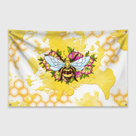 Флаг-баннер с принтом Пчела в Кировске, 100% полиэстер | размер 67 х 109 см, плотность ткани — 95 г/м2; по краям флага есть четыре люверса для крепления | крылья | мёд | оса | пчела | пчёлы | соты | цветы