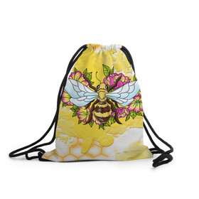 Рюкзак-мешок 3D с принтом Пчела в Кировске, 100% полиэстер | плотность ткани — 200 г/м2, размер — 35 х 45 см; лямки — толстые шнурки, застежка на шнуровке, без карманов и подкладки | крылья | мёд | оса | пчела | пчёлы | соты | цветы