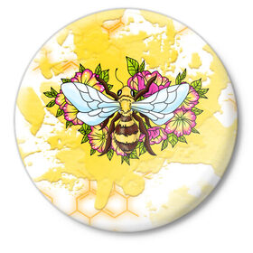 Значок с принтом Пчела в Кировске,  металл | круглая форма, металлическая застежка в виде булавки | Тематика изображения на принте: крылья | мёд | оса | пчела | пчёлы | соты | цветы