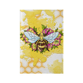Обложка для паспорта матовая кожа с принтом Пчела в Кировске, натуральная матовая кожа | размер 19,3 х 13,7 см; прозрачные пластиковые крепления | крылья | мёд | оса | пчела | пчёлы | соты | цветы