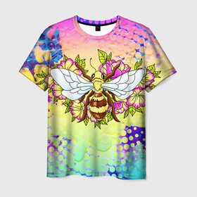 Мужская футболка 3D с принтом Пчела и цветы в Кировске, 100% полиэфир | прямой крой, круглый вырез горловины, длина до линии бедер | космос | пчела | пчёлка | пчёлы | туманность | цветы