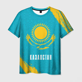 Мужская футболка 3D с принтом КАЗАХСТАН / KAZAKHSTAN в Кировске, 100% полиэфир | прямой крой, круглый вырез горловины, длина до линии бедер | Тематика изображения на принте: flag | kazakhstan | qazaqstan | герб | захах | казахстан | кахахи | лого | нур султан | республика | символ | страна | флаг
