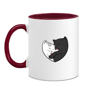 Кружка двухцветная с принтом Влюблённые котики в Кировске, керамика | объем — 330 мл, диаметр — 80 мм. Цветная ручка и кайма сверху, в некоторых цветах — вся внутренняя часть | арт | белая кошка | белый кот | влюблённые | кот | кот и кошка | кошка | любовь | пара | рисунок | чёрная кошка | чёрный кот