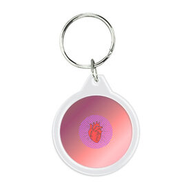 Брелок круглый с принтом Сердечко на розовом фоне в Кировске, пластик и полированная сталь | круглая форма, металлическое крепление в виде кольца | круг | любовь | неон | полосатый | розовый | сердце | сияние | фиолетовый