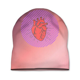 Шапка 3D с принтом Сердечко на розовом фоне в Кировске, 100% полиэстер | универсальный размер, печать по всей поверхности изделия | круг | любовь | неон | полосатый | розовый | сердце | сияние | фиолетовый