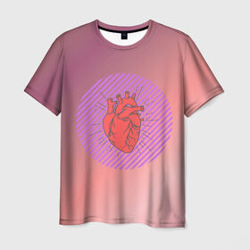 Мужская футболка 3D с принтом Сердечко на розовом фоне в Кировске, 100% полиэфир | прямой крой, круглый вырез горловины, длина до линии бедер | круг | любовь | неон | полосатый | розовый | сердце | сияние | фиолетовый