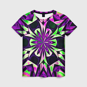 Женская футболка 3D с принтом Kaleidoscope в Кировске, 100% полиэфир ( синтетическое хлопкоподобное полотно) | прямой крой, круглый вырез горловины, длина до линии бедер | abstraction | fractal | kaleidoscope | light green | pattern | purple | symmetry | абстракция | калейдоскоп | салатовый | симметрия | узор | фиолетовый | фрактал