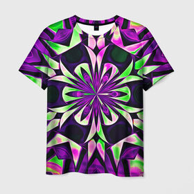 Мужская футболка 3D с принтом Kaleidoscope в Кировске, 100% полиэфир | прямой крой, круглый вырез горловины, длина до линии бедер | abstraction | fractal | kaleidoscope | light green | pattern | purple | symmetry | абстракция | калейдоскоп | салатовый | симметрия | узор | фиолетовый | фрактал