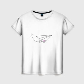 Женская футболка 3D с принтом самолетик в Кировске, 100% полиэфир ( синтетическое хлопкоподобное полотно) | прямой крой, круглый вырез горловины, длина до линии бедер | белый самолетик | бумажный самолетик | минимализм | розовое сердечко | самолет | самолетик | сердечко | тумблер | чб