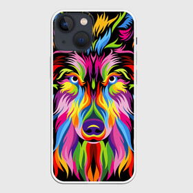 Чехол для iPhone 13 mini с принтом Neon wolf в Кировске,  |  | color | ears | eyes | muzzle | neon | nose | paint | skin | view | wolf | взгляд | волк | глаза | краска | неон | нос | уши | цвет | шерсть