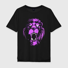 Мужская футболка хлопок Oversize с принтом Neon lion в Кировске, 100% хлопок | свободный крой, круглый ворот, “спинка” длиннее передней части | ears | eyes | fangs | jaw | lion | mane | muzzle | neon | глаза | грива | клыки | лев | неон | пасть | уши