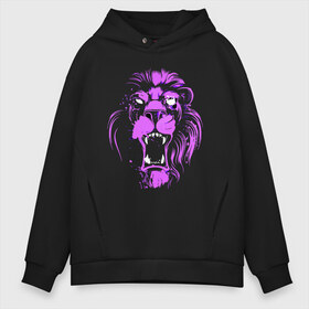 Мужское худи Oversize хлопок с принтом Neon lion в Кировске, френч-терри — 70% хлопок, 30% полиэстер. Мягкий теплый начес внутри —100% хлопок | боковые карманы, эластичные манжеты и нижняя кромка, капюшон на магнитной кнопке | ears | eyes | fangs | jaw | lion | mane | muzzle | neon | глаза | грива | клыки | лев | неон | пасть | уши