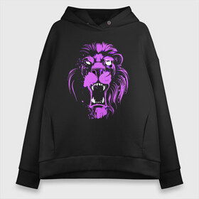 Женское худи Oversize хлопок с принтом Neon lion в Кировске, френч-терри — 70% хлопок, 30% полиэстер. Мягкий теплый начес внутри —100% хлопок | боковые карманы, эластичные манжеты и нижняя кромка, капюшон на магнитной кнопке | ears | eyes | fangs | jaw | lion | mane | muzzle | neon | глаза | грива | клыки | лев | неон | пасть | уши