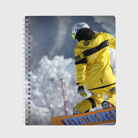 Тетрадь с принтом сноубордист в Кировске, 100% бумага | 48 листов, плотность листов — 60 г/м2, плотность картонной обложки — 250 г/м2. Листы скреплены сбоку удобной пружинной спиралью. Уголки страниц и обложки скругленные. Цвет линий — светло-серый
 | Тематика изображения на принте: snowboard | прыжок | сноуборд | сноубординг | сноубордист | экстрим