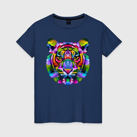 Женская футболка хлопок с принтом Color tiger в Кировске, 100% хлопок | прямой крой, круглый вырез горловины, длина до линии бедер, слегка спущенное плечо | color | ears | eyes | muzzle | neon | tiger | vanguard | view | авангард | взгляд | глаза | неон | тигр | уши | цвет