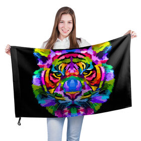 Флаг 3D с принтом Neon tiger в Кировске, 100% полиэстер | плотность ткани — 95 г/м2, размер — 67 х 109 см. Принт наносится с одной стороны | color | ears | eyes | muzzle | neon | tiger | vanguard | view | авангард | взгляд | глаза | неон | тигр | уши | цвет