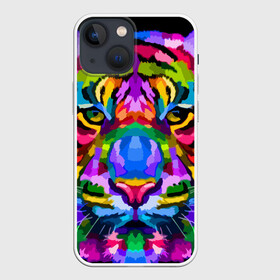 Чехол для iPhone 13 mini с принтом Neon tiger в Кировске,  |  | Тематика изображения на принте: color | ears | eyes | muzzle | neon | tiger | vanguard | view | авангард | взгляд | глаза | неон | тигр | уши | цвет