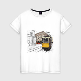 Женская футболка хлопок с принтом Белый и желтый поезд в Кировске, 100% хлопок | прямой крой, круглый вырез горловины, длина до линии бедер, слегка спущенное плечо | белый и желтый поезд | город | дорога | трамвай | транспорт | улица
