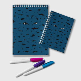 Блокнот с принтом Fish в Кировске, 100% бумага | 48 листов, плотность листов — 60 г/м2, плотность картонной обложки — 250 г/м2. Листы скреплены удобной пружинной спиралью. Цвет линий — светло-серый
 | Тематика изображения на принте: dolphin | fish | killer whale | see life | shark | акула | дельфин | касатка | морские обитатели | рыба